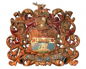 Richmond Town Crest granted in 1891 showing the royal connection with portcullis and palace alongside the deer for the parks and swan for the river